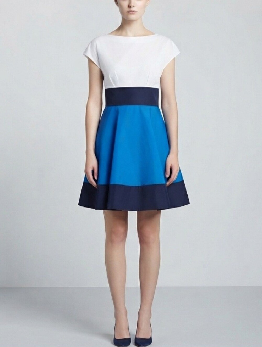 Kate Spade Fiorella White and Blue Colorblock Fit-and-Flare Mini Dress Womens 14